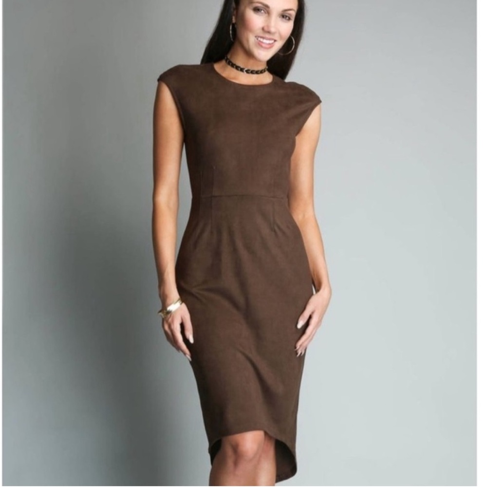 Level 99 Faux Suede Brown Midi Dress M EUC Fishtail Hem